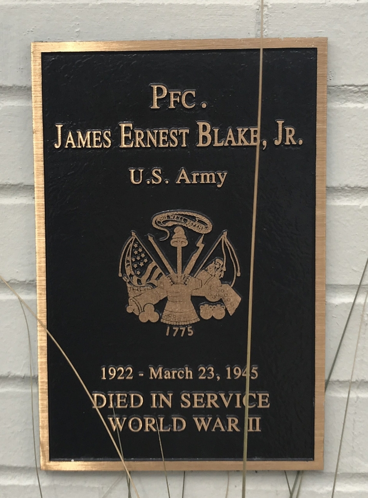PFC. JAMES ERNEST BLAKE, JR. WAR MEMORIAL PLAQUE