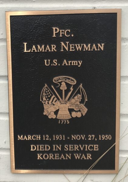 PFC. LAMAR NEWMAN WAR MEMORIAL PLAQUE