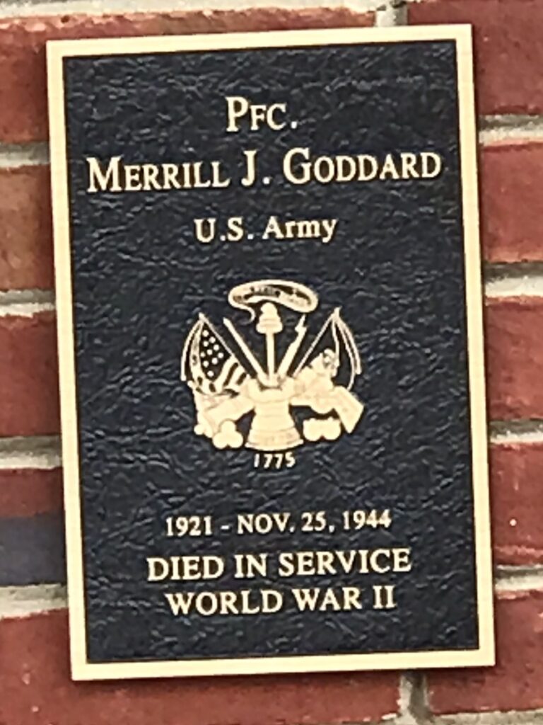 PFC. MERRILL J. GODDARD WAR MEMORIAL PLAQUE