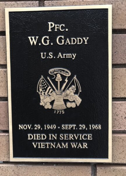 PFC. W.C. GADDY WAR MEMORIAL PLAQUE