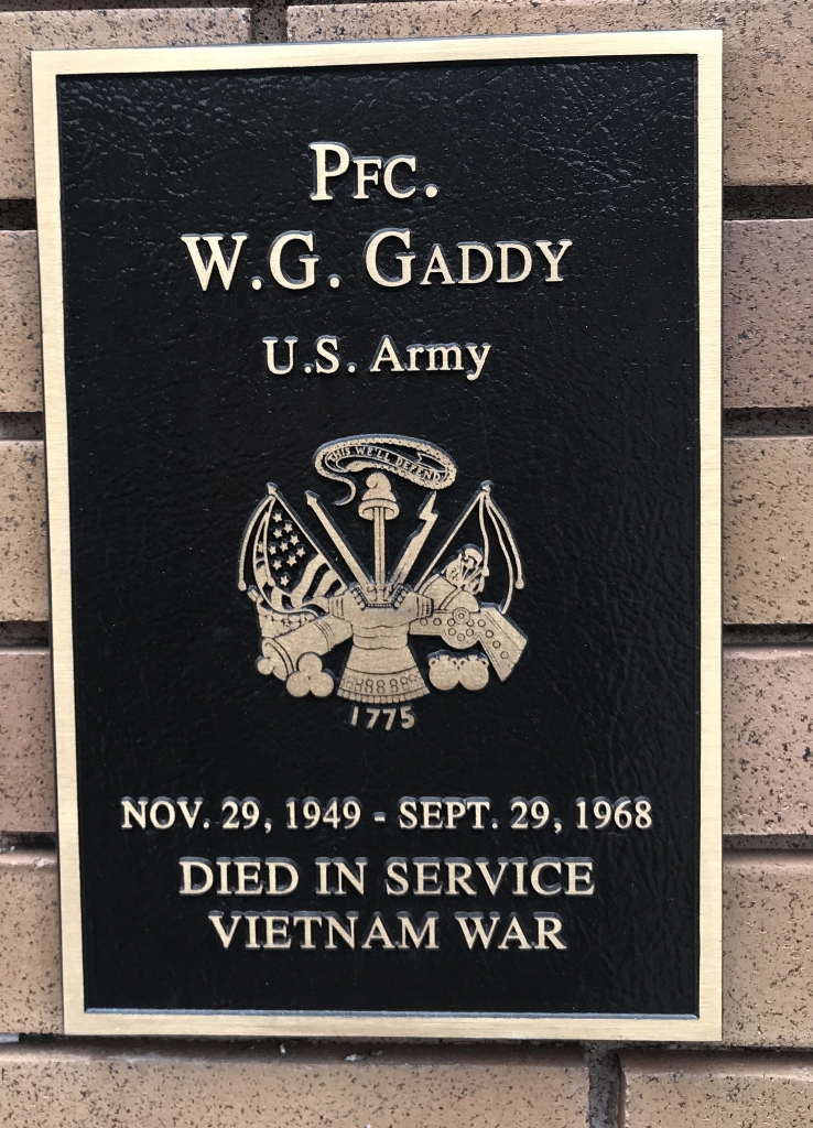 PFC. W.C. GADDY WAR MEMORIAL PLAQUE