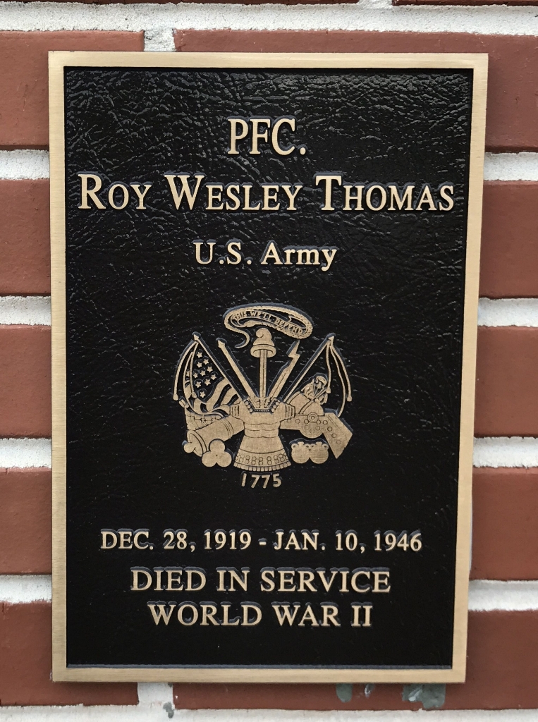 PFC. ROY WESLEY THOMAS WAR MEMORIAL PLAQUE