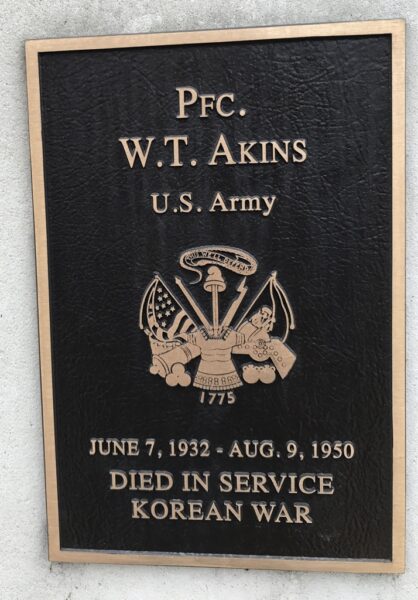 PFC. W.T. AKINS WAR MEMORIAIL PLAQUE