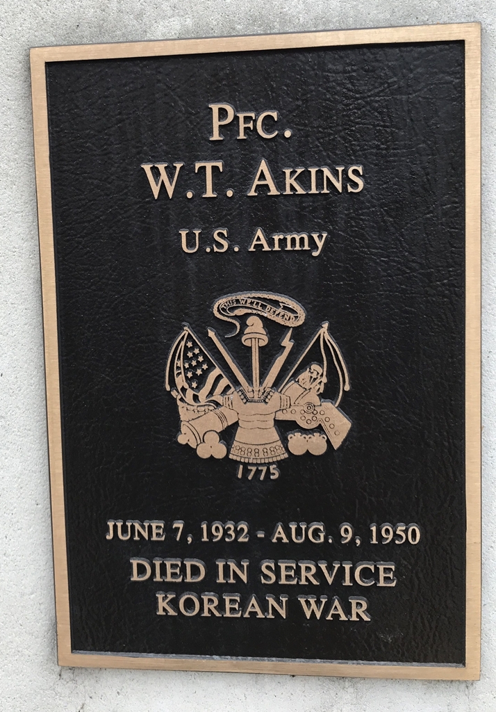 PFC. W.T. AKINS WAR MEMORIAIL PLAQUE