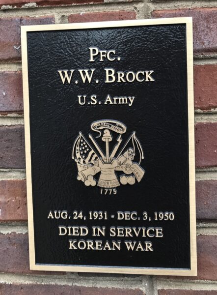 PFC. W.W. BROCK WAR MEMORIAL PLAQUE