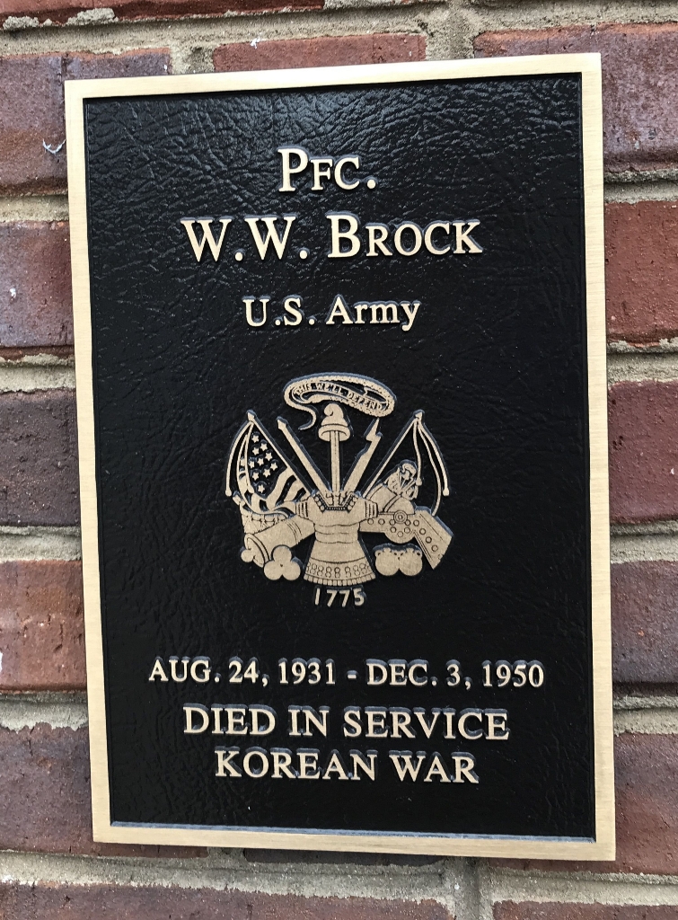 PFC. W.W. BROCK WAR MEMORIAL PLAQUE