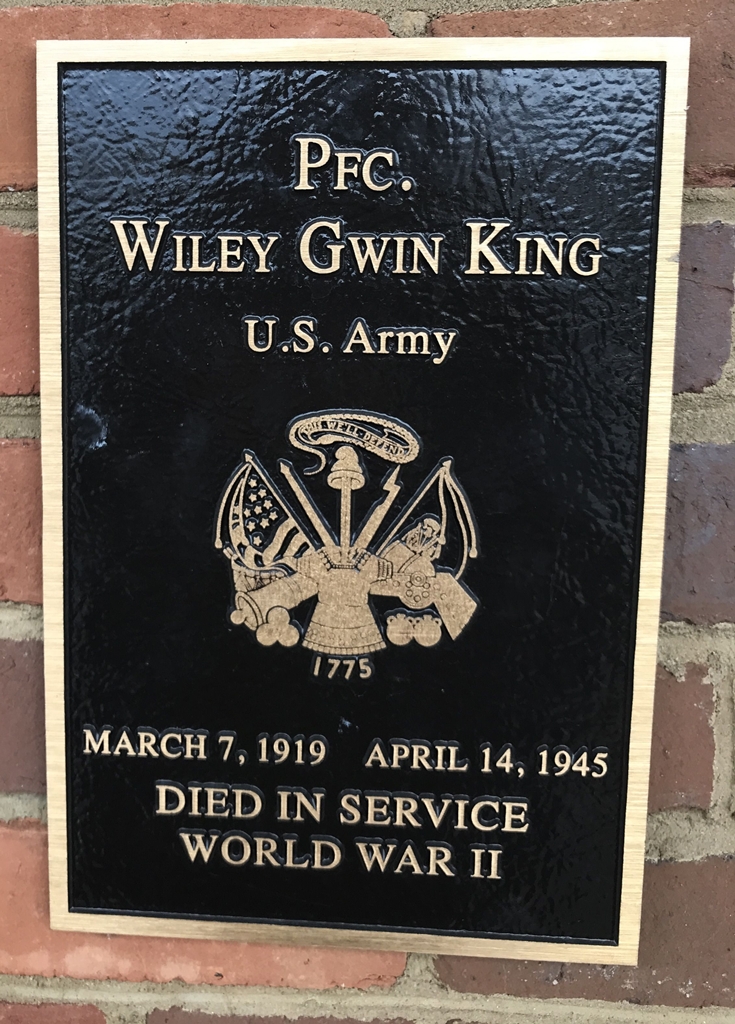 PFC. WILEY GWIN KING WAR MEMORIAL PLAQUE