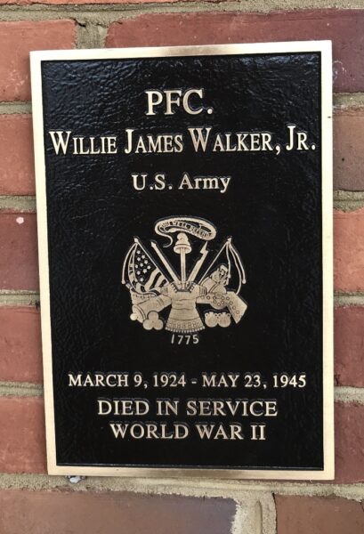 PFC. WILLIE JAMES WALKER, JR. WAR MEMORIAL PLAQUE