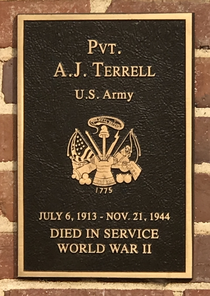 PVT. A.J. TERRELL WAR MEMORIAL PLAQUE
