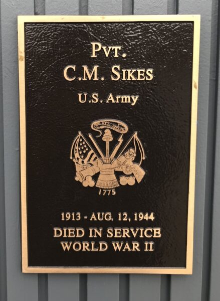 PVT. C.M. SIKES WAR MEMORIAL PLAQUE