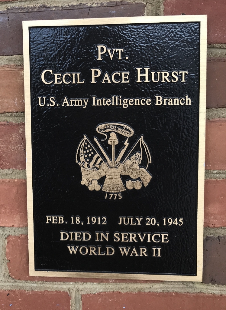 PVT. CECIL PACE HURST WAR MEMORIAL PLAQUE