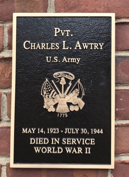 PVT. CHARLES L. AWTRY WAR MEMORIAL PLAQUE