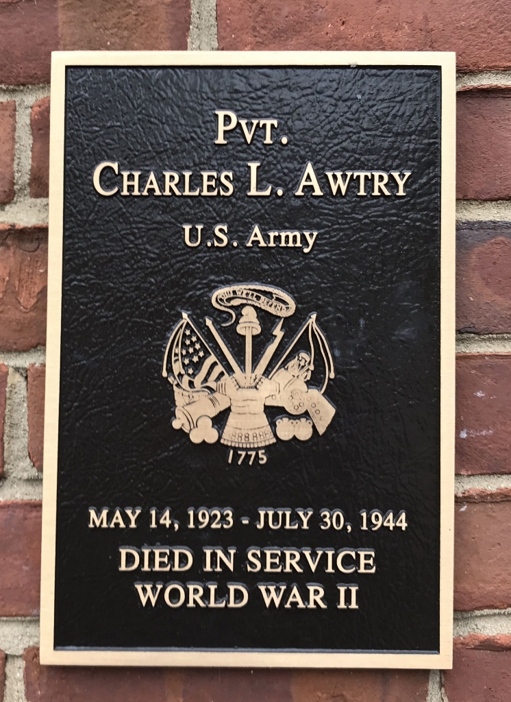 PVT. CHARLES L. AWTRY WAR MEMORIAL PLAQUE