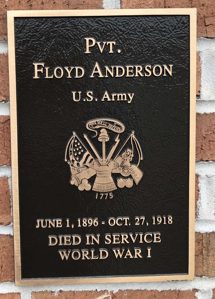 PVT. FLOYD ANDERSON WAR MEMORIAL PLAQUE