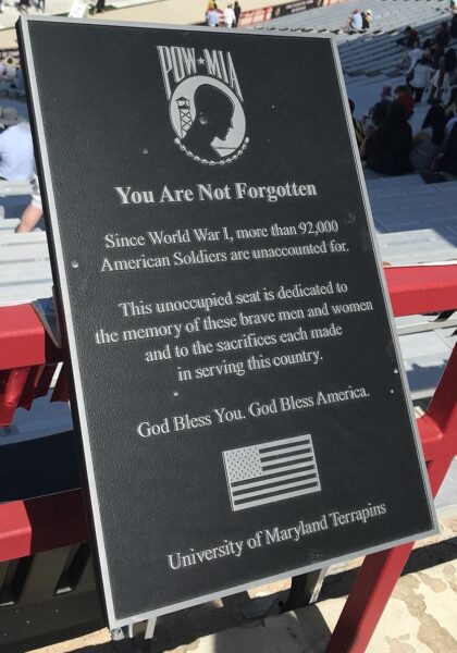 UNIVERSITY OF MARYLAND TERRAPINS YOU ARE NOT FORGOTTEN WAR MEMORIAL CHAIR PLAQUE