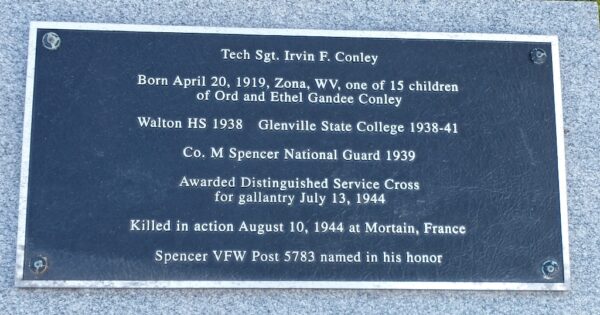 TECH SGT. IRVIN F. CONLEY WAR MEMORIAL PLAQUE