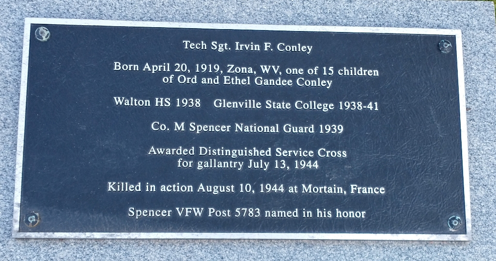 TECH SGT. IRVIN F. CONLEY WAR MEMORIAL PLAQUE