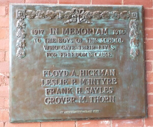 TYLER COUNTY HIGH SCHOOL WORLD WAR I MEMORIAL PLAQUE