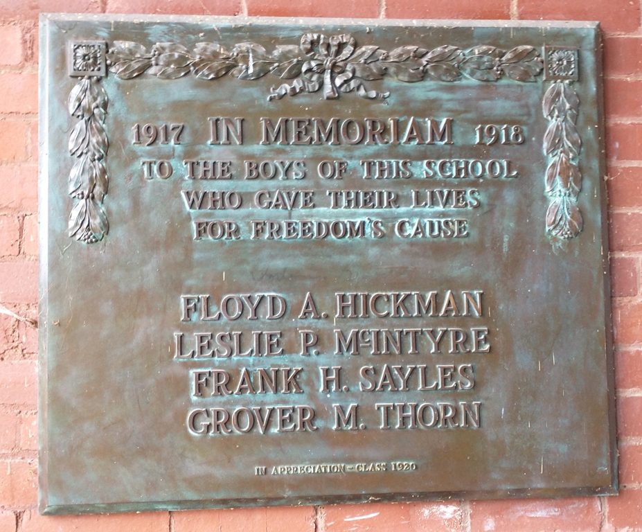 TYLER COUNTY HIGH SCHOOL WORLD WAR I MEMORIAL PLAQUE