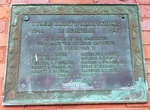 TYLER COUNTY HIGH SCHOOL WORLD WAR II MEMORIAL PLAQUE