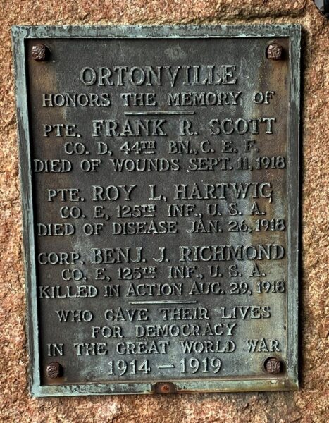 ORTONVILLE WORLD WAR I MEMORIAL PLAQUE