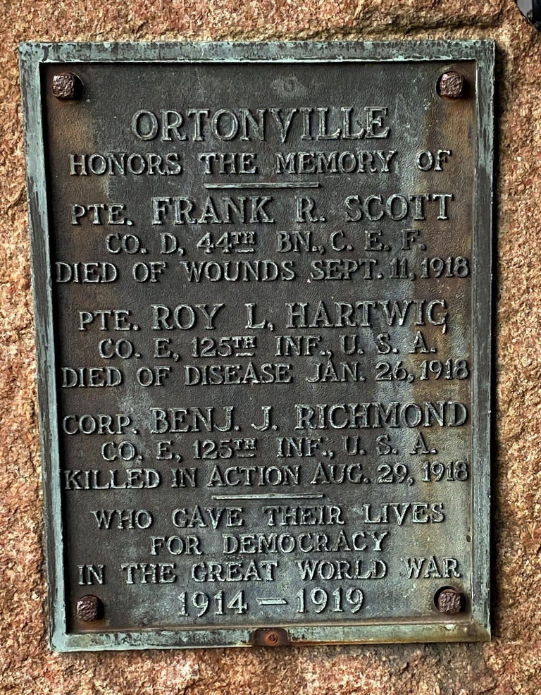 ORTONVILLE WORLD WAR I MEMORIAL PLAQUE