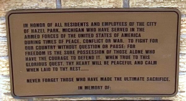 CITY OF HAZEL PARK VETERANS MEMORIAL PLAQUE A