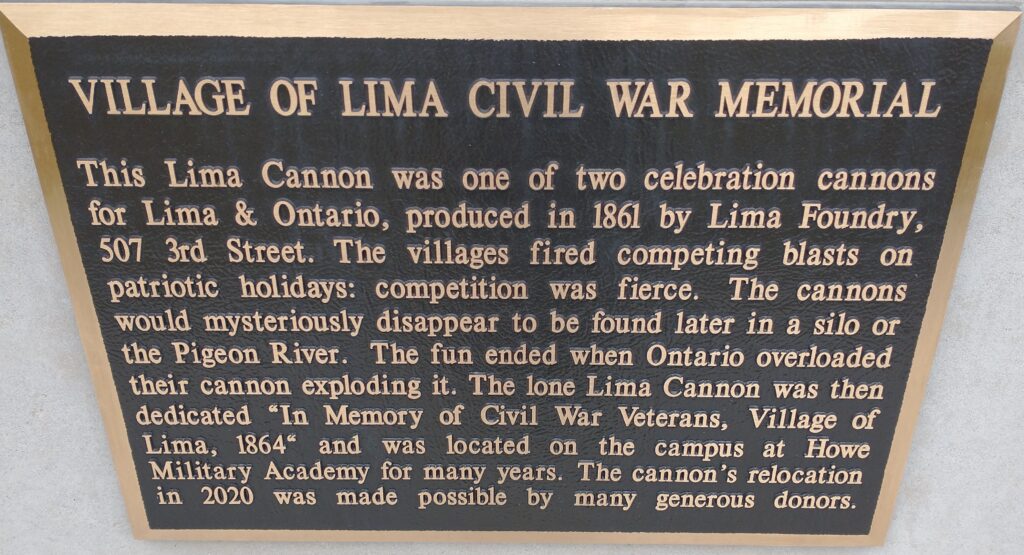 VILLAGE OF LIMA CIVIL WAR MEMORIAL CANNON PLAQUE