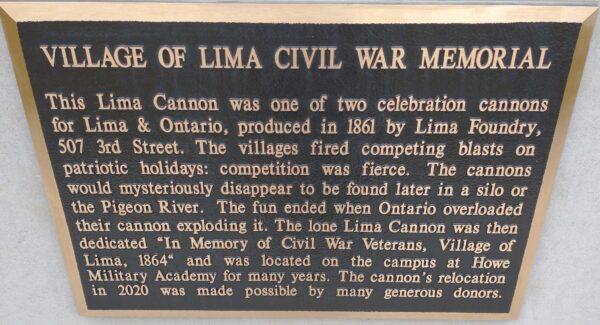 VILLAGE OF LIMA CIVIL WAR MEMORIAL CANNON PLAQUE