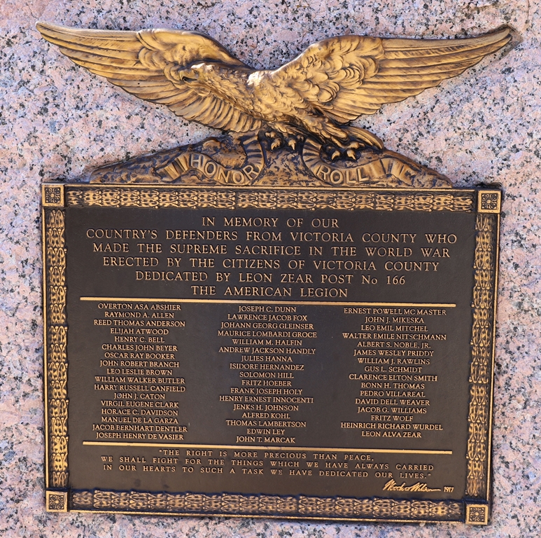 VICTORIA COUNTY WORLD WAR HONOR ROLL MEMORIAL PLAQUE