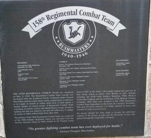158TH REGIMENTAL COMBAT TEAM WAR MEMORIAL PLAQUE