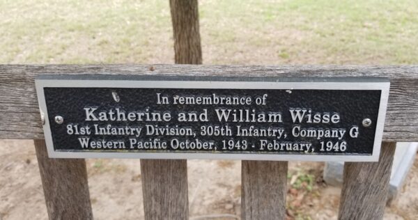 IN REMEMBRANCE KATHERINE AND WILLIAM WISSE WAR MEMORIAL BENCH PLAQUE