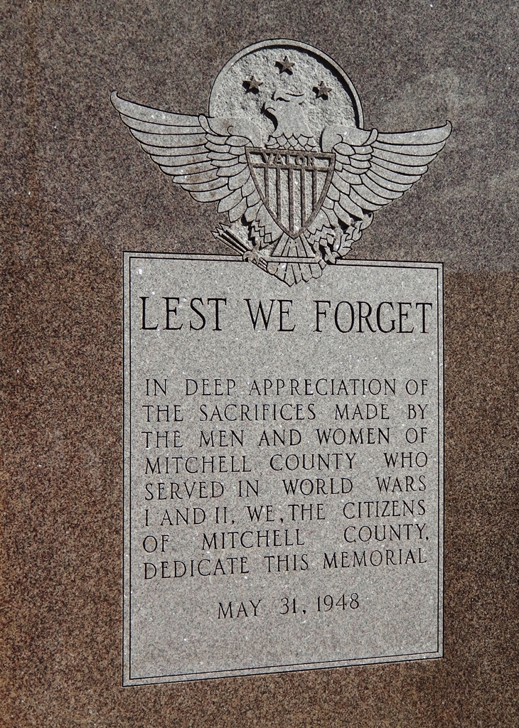 MITCHELL COUNTY LEST WE FORGET WAR MEMORIAL CLOSE-UP