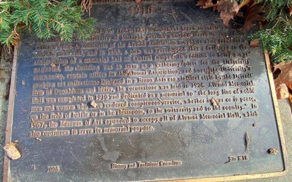 UNIVERSITY OF MICHIGAN ALUMNI VETERANS MEMORIAL HALL PLAQUE