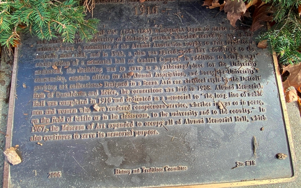 UNIVERSITY OF MICHIGAN ALUMNI VETERANS MEMORIAL HALL PLAQUE