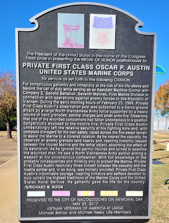 PRIVATE FIRST CLASS OSCAR P. AUSTIN MEDAL OF HONOR MEMORIAL MARKER