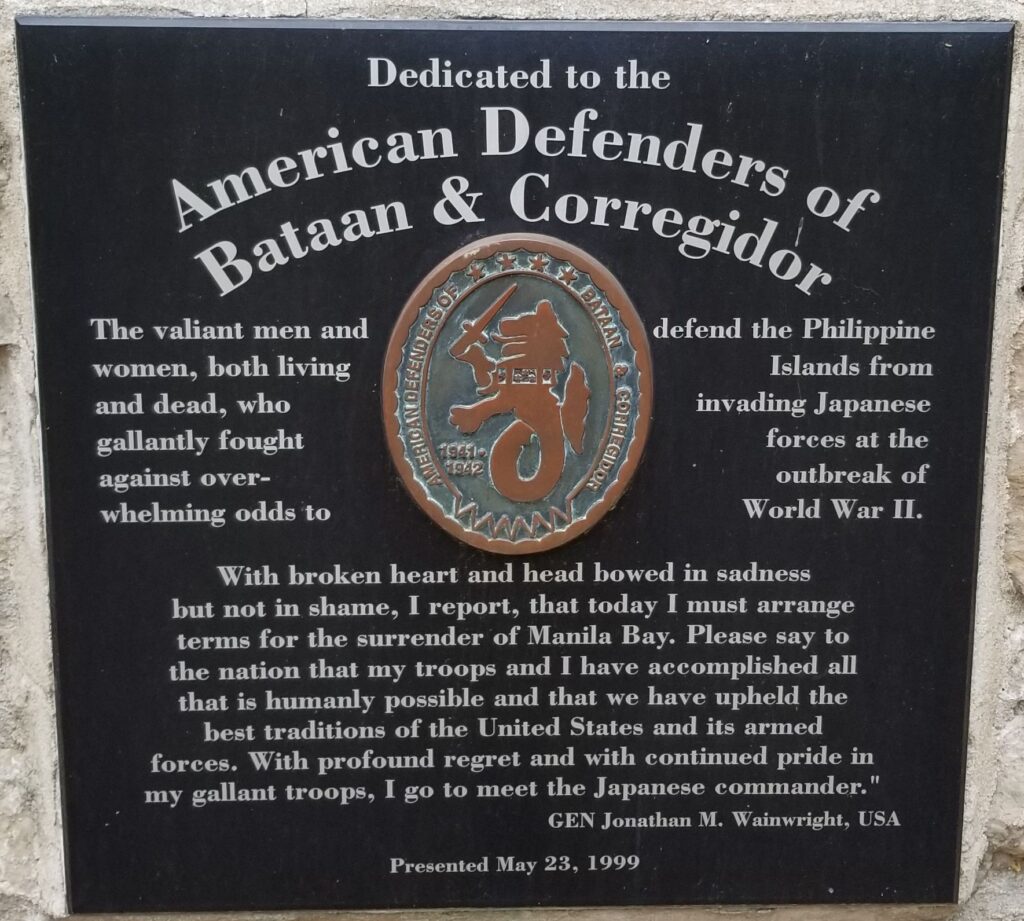 AMERICAN DEFENDERS OF BATAAN & CORREGIDOR WAR MEMORIAL PLAQUE