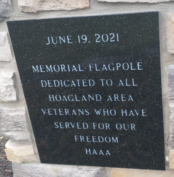 HOAGLAND AREA VETERANS MEMORIAL FLAGPOLE PLAQUE