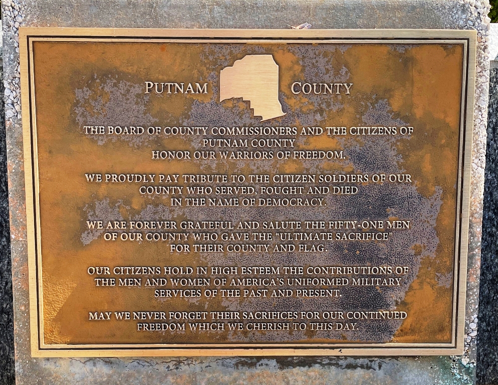 PUTNAM COUNTY FLORIDA WORLD WAR II MEMORIAL PLAQUE