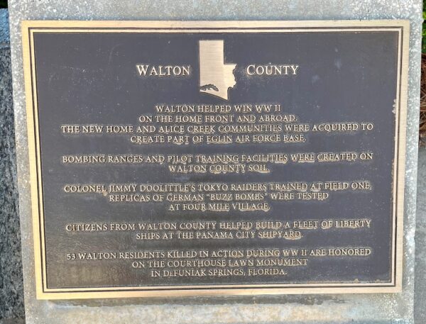 WALTON COUNTY FLORIDA WORLD WAR II MEMORIAL PLAQUE