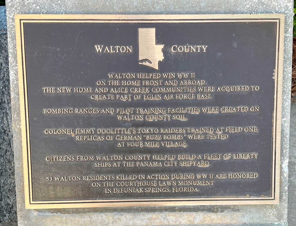 WALTON COUNTY FLORIDA WORLD WAR II MEMORIAL PLAQUE