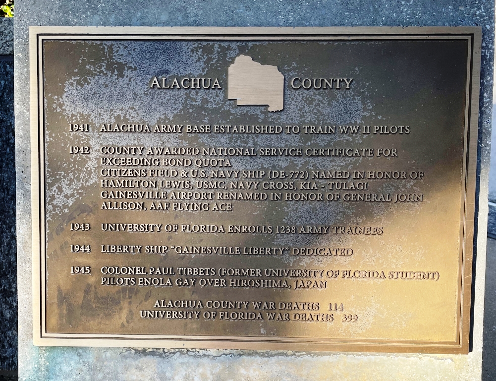 ALACHUA COUNTY FLORIDA WORLD WAR II MEMORIAL PLAQUE