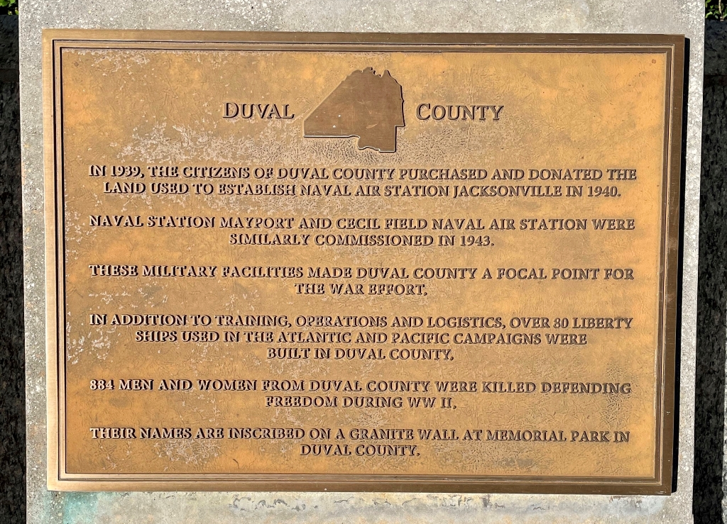 DUVAL COUNTY FLORIDA WORLD WAR II MEMORIAL PLAQUE