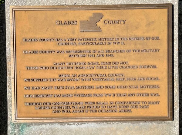 GLADES COUNTY FLORIDA WORLD WAR II MEMORIAL PLAQUE