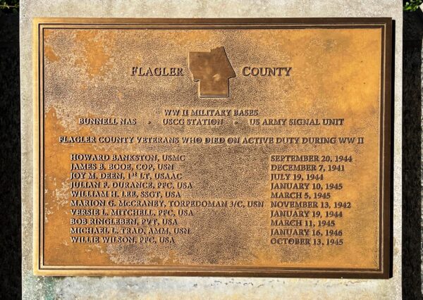 FLAGLER COUNTY FLORIDA WORLD WAR II MEMORIAL PLAQUE