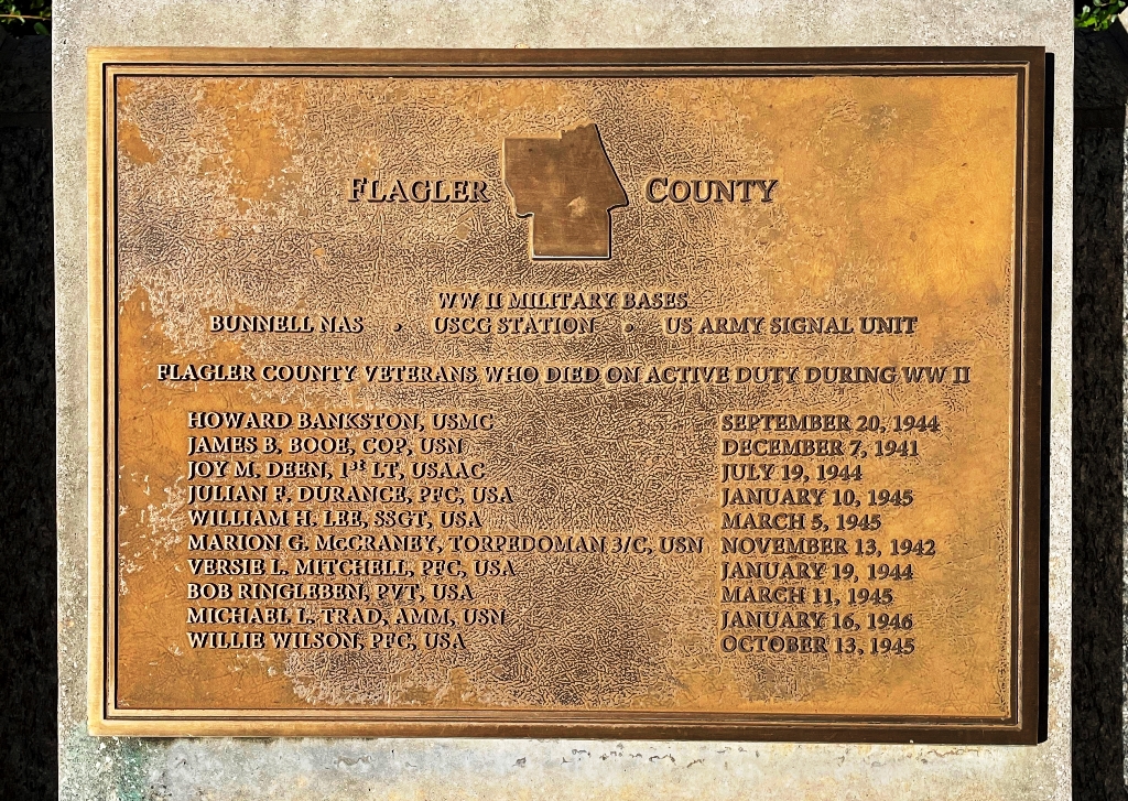 FLAGLER COUNTY FLORIDA WORLD WAR II MEMORIAL PLAQUE