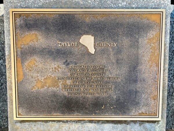 TAYLOR COUNTY FLORIDA WORLD WAR II MEMORIAL PLAQUE