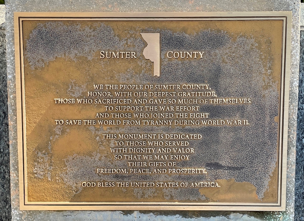 SUMTER COUNTY FLORIDA WORLD WAR II MEMORIAL PLAQUE