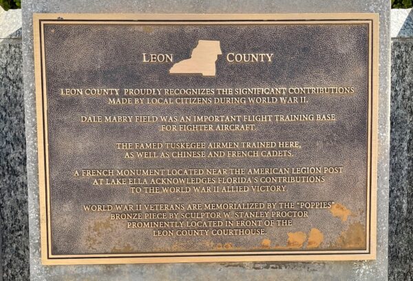 LEON COUNTY FLORIDA WORLD WAR II MEMORIAL PLAQUE
