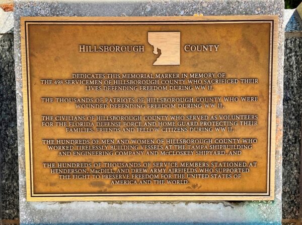 HILLSBOROUGH COUNTY FLORIDA WORLD WAR II MEMORIAL PLAQUE